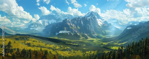 A beautiful mountain landscape with snow-capped peaks and a bright blue sky