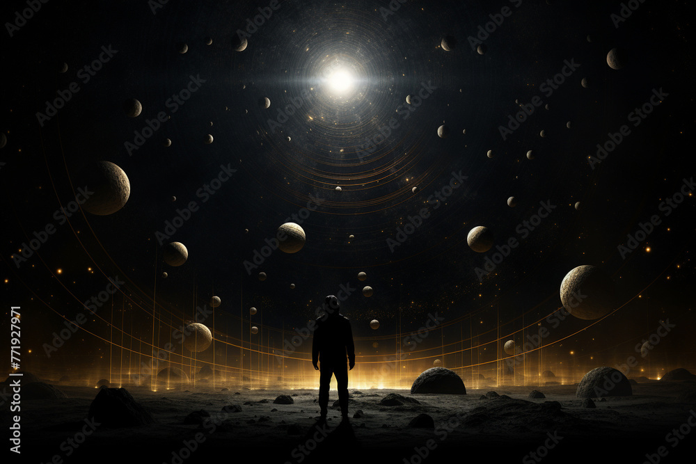 Science, technology, sci-fi, landscape concept. Solar system with round various planets and spinning trails surreal and abstract background with copy space