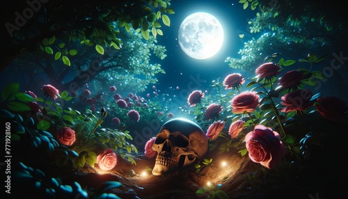 Skull Amidst Blooming Roses Under Full Moon Light