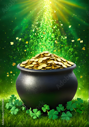 pot of gold A pot of gold with shamrocks and coins overflowing and on the ground as well against a green background with bokeh and shimmering light