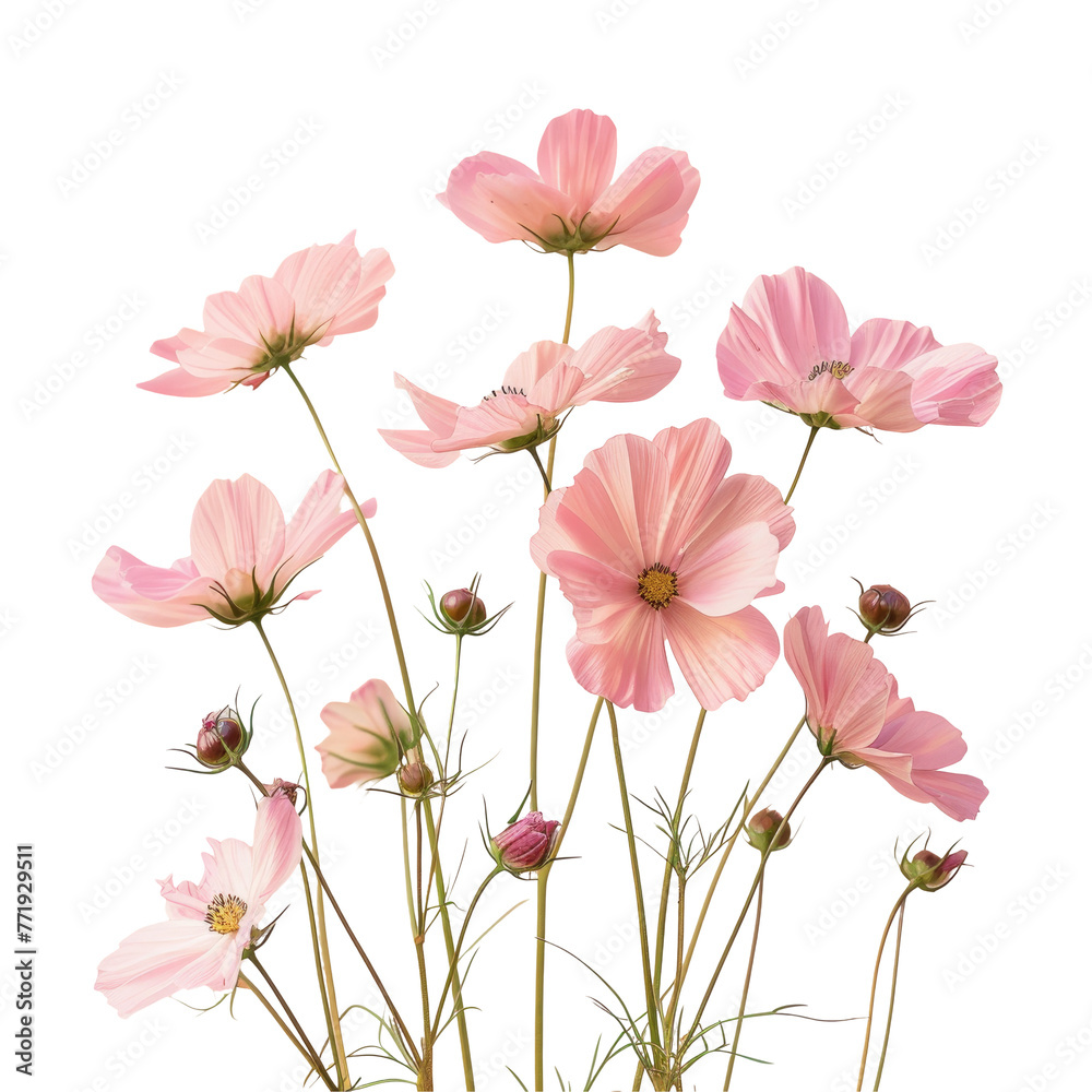 A cluster of pink flowers contrast beautifully against the transparent background
