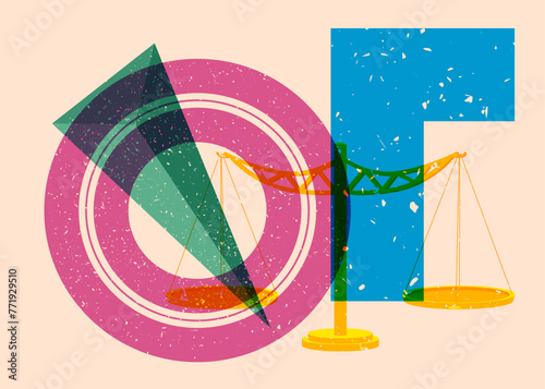 Risograph Scale with geometric shapes. Objects in trendy riso graph print texture style design with geometry elements.