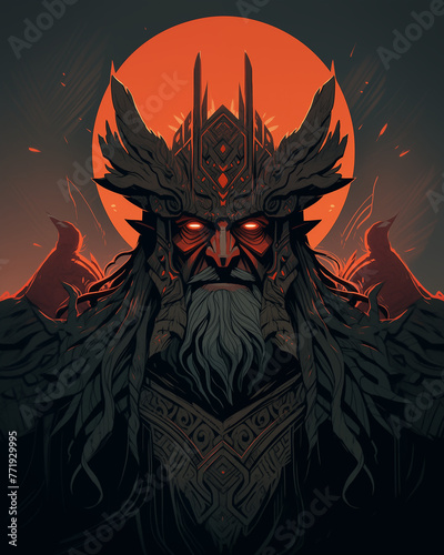 Portrait of an elderly stern warrior wearing a helmet with spikes. Red moon background