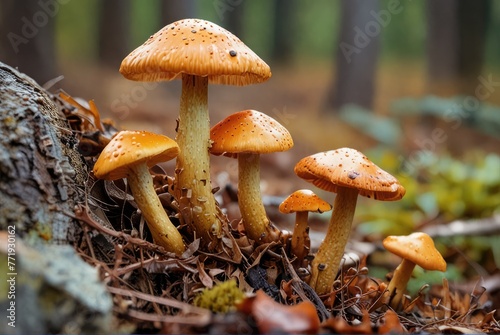 A close-up of a chanterelle mushroom in the autumn forest, showcasing its vibrant colors and unique texture