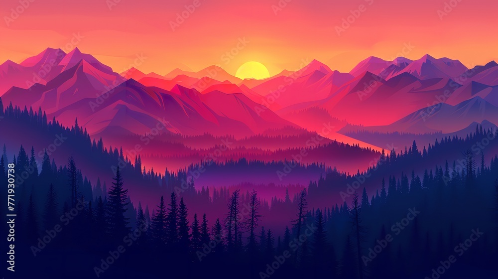 Illustration of a lovely sunset scene with a panorama of mountains and trees in shadow erecting a lovely vivid image and space, Generative AI.