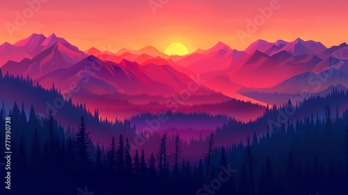Illustration of a lovely sunset scene with a panorama of mountains and trees in shadow erecting a lovely vivid image and space, Generative AI. © Electro Unicorn