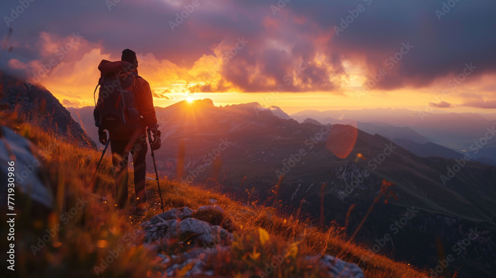 A man on a solo hiking trip in the mountains.