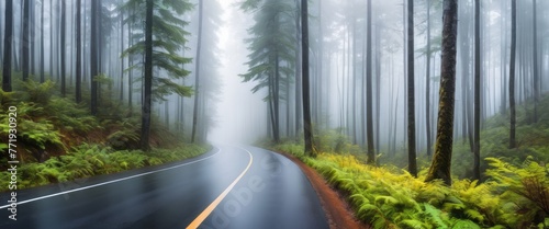 A panoramic view of a misty forest reveals a winding mountain road disappearing into the fog 