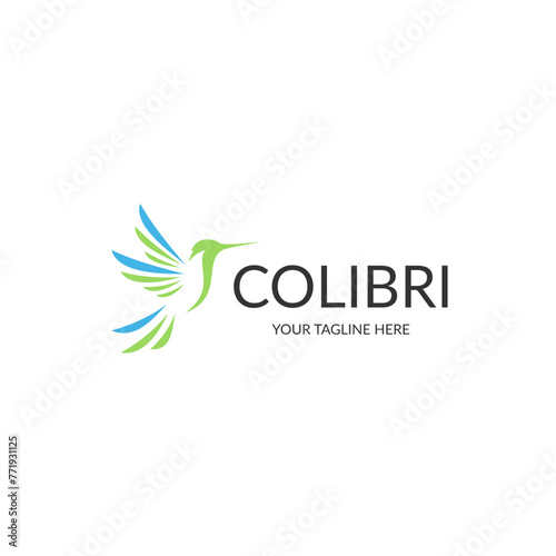 Modern colibri bird vector logo template. Creative green and blue line art hummingbird silhouette flying with dynamic wing and tail stripes for wellness, eco, or creative agency brand identity.