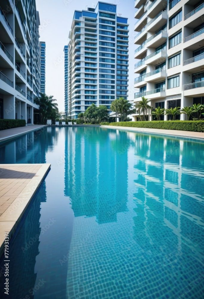 A serene blue swimming pool with the reflection of a condominium building shimmering on its surface A serene blue swimming pool with the reflection of a condominium building shimmering on its surface