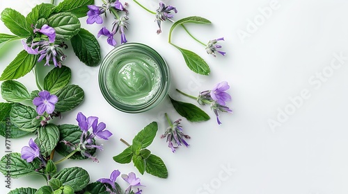 In a studio clean backdrop comfrey herb Symphytum officinal with a essential cream jar with space for text or product, Generative AI.