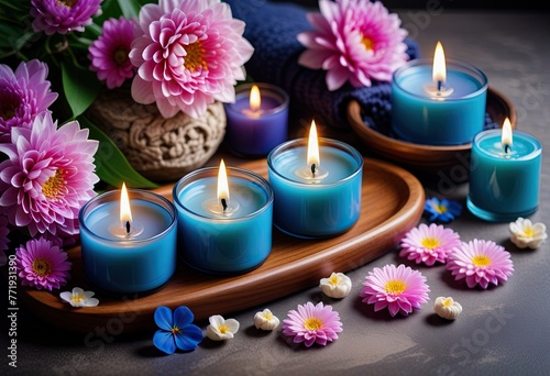 A serene spa still life featuring candles  flowers  and other soothing elements to create a relaxing ambiance