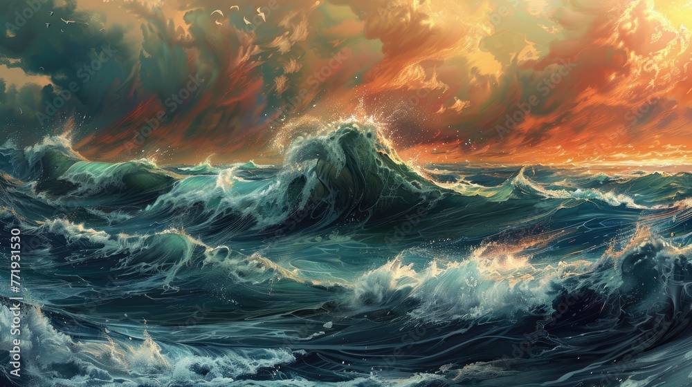A painting of a large wave crashing into the ocean