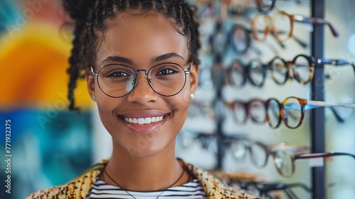 In front of an array of distinctive eyeglass frames in a nearby optometry shop, a joyful African lady tries over spectacles and space, Generative AI.