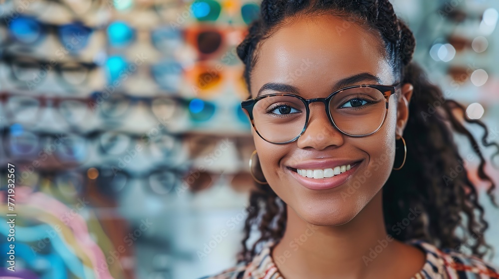 In front of an array of distinctive eyeglass frames in a nearby optometry shop, a joyful African lady tries over spectacles and space, Generative AI. - obrazy, fototapety, plakaty 