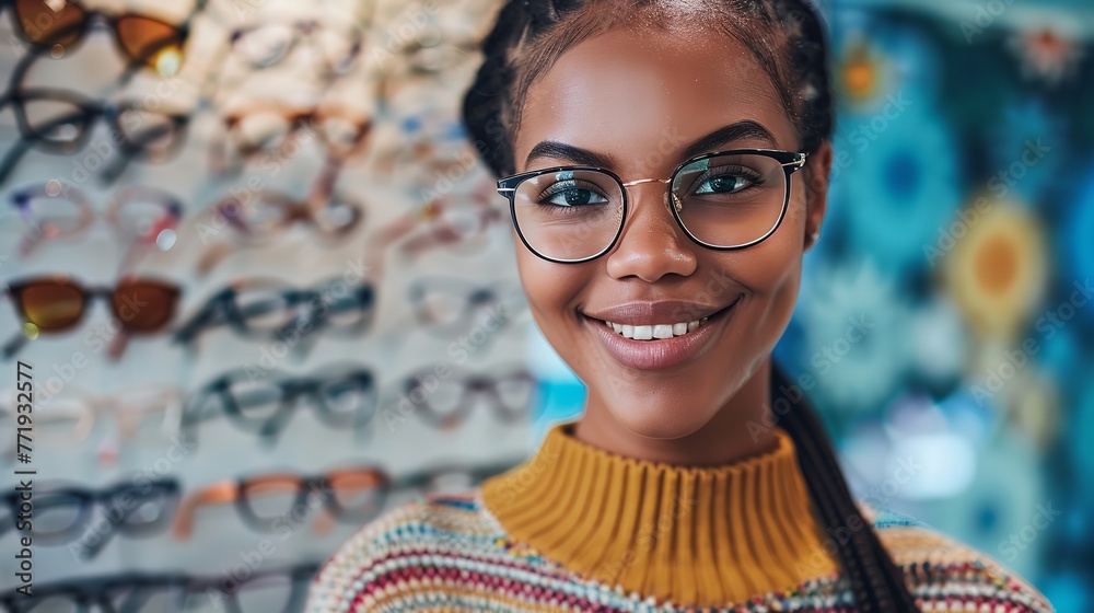 In front of an array of distinctive eyeglass frames in a nearby optometry shop, a joyful African lady tries over spectacles and space, Generative AI. - obrazy, fototapety, plakaty 