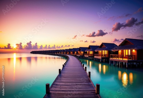 Admire the serene beauty of water villas on a Maldives resort island during a stunning sunset