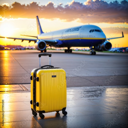 A yellow suitcase sitting at an airport with an airplane in the background