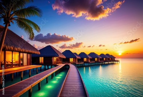 Admire the serene beauty of water villas on a Maldives resort island during a stunning sunset