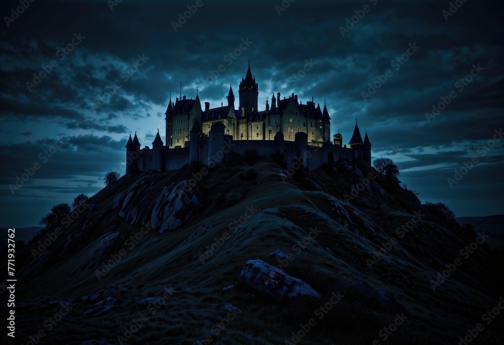 An ancient castle perched atop a hill, steeped in history and commanding breathtaking views of the surrounding landscape