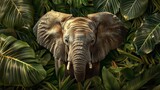 Landscape of an elephant among palm leaves posing like it is hiding with a big space for text or product, Generative AI.