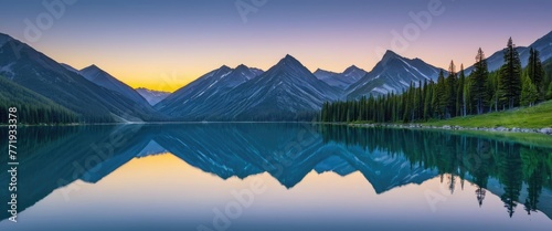 At dusk  the tranquil reflection of the mountain lake creates a serene and enchanting scene 