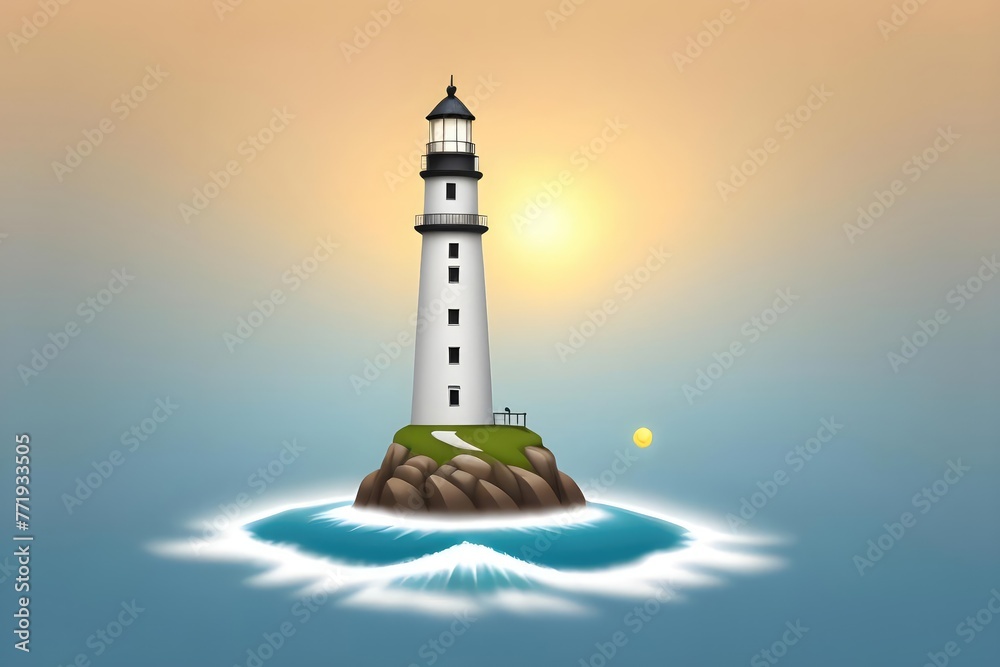 At sunset, the lighthouse stands sentinel amidst the vast, tranquil sea At sunset, the lighthouse stands sentinel amidst the vast, tranquil sea