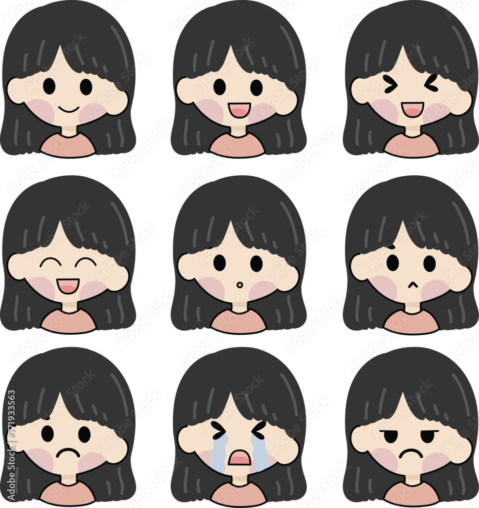 Various chibi short hair girl smile cry angry various expression. flat girl design. girl expression vector Various chibi short hair girl smile cry angry various expression. flat girl design. girl expression vector