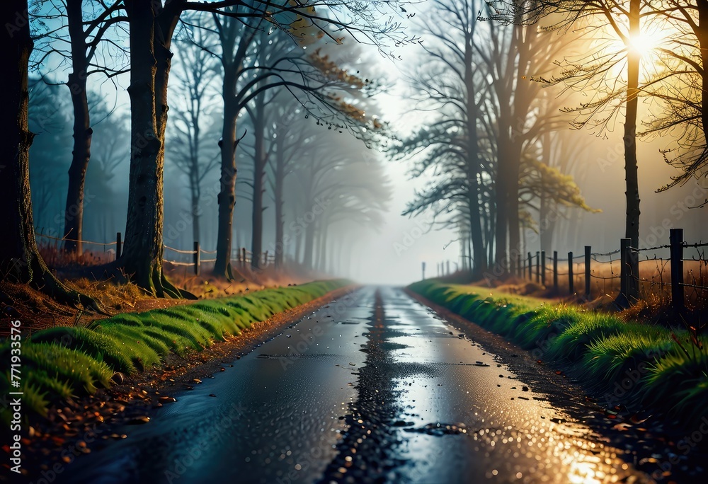 At the entrance of a misty, eerie rural road, a lone figure stands, contemplating 