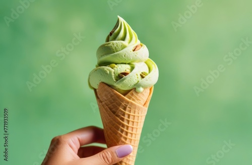 Hand holds ice cream in waffle cones on light green background