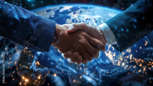 Handshake in front of Earth from space - Image capturing a business handshake superimposed on a backdrop of Earth viewed from space, signifying global partnerships and agreements