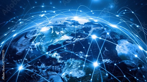 Global communication network embracing the Earth - The image encompasses a concept of a global telecommunications network enveloping the Earth in a web of connections