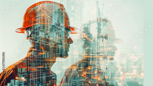 Silhouette of engineer with cityscape overlay - A powerful image showing an engineer s silhouette merged with a cityscape  highlighting urban development and engineering