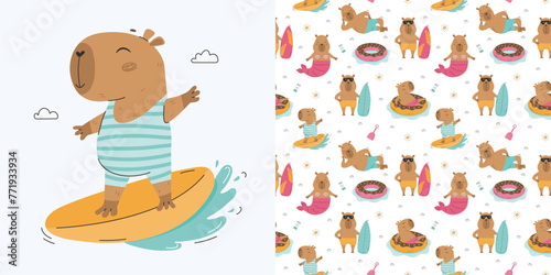 Funny summer capybaras seamless pattern