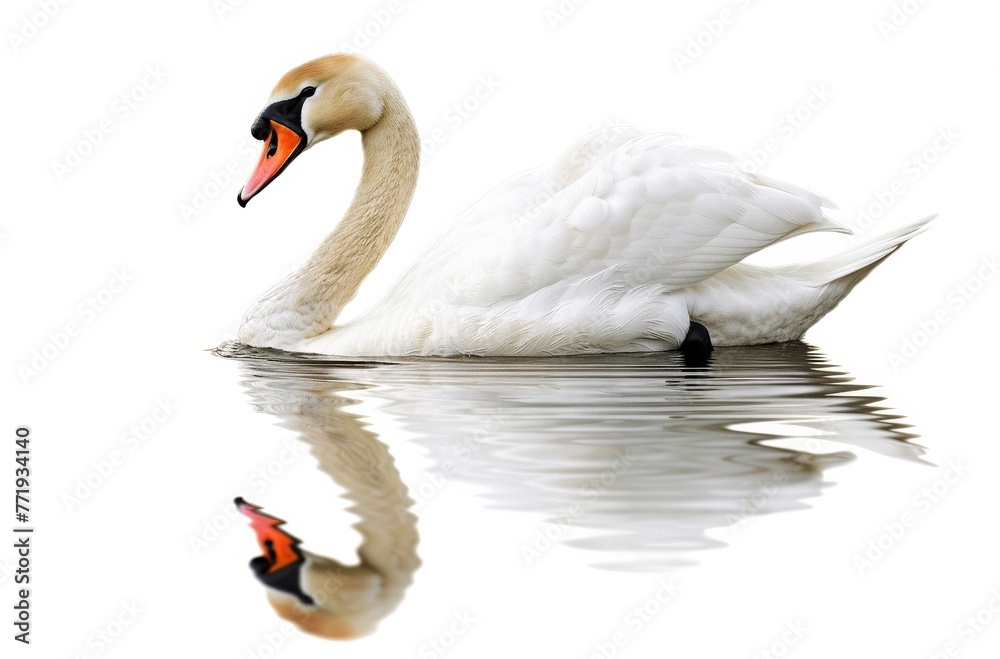 Fototapeta premium Graceful Swan Swimming on Calm Water, its Reflection Visible, Isolated on White. Generative AI.