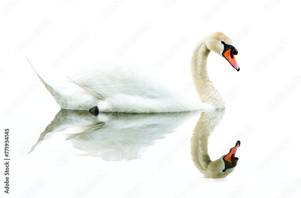 Graceful Swan Swimming on Calm Water, its Reflection Visible, Isolated on White. Generative AI. Graceful Swan Swimming on Calm Water, its Reflection Visible, Isolated on White. Generative AI.
