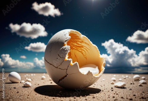 Capture the beauty of an empty cracked eggshell adorned with dreamy cloud decorations
