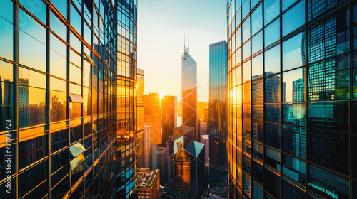 Modern glass buildings in Hong Kong city