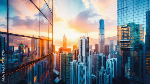 Modern glass buildings in Hong Kong city