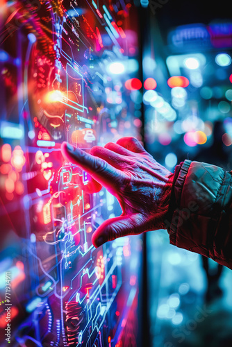 A close-up of a person's hand using a futuristic touchscreen interface, by Alex Johnson, stock image, technology concept, touchscreen technology, finger tapping, interactive display
