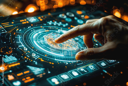A close-up of a person's hand using a futuristic touchscreen interface, by Alex Johnson, stock image, technology concept, touchscreen technology, finger tapping, interactive display photo