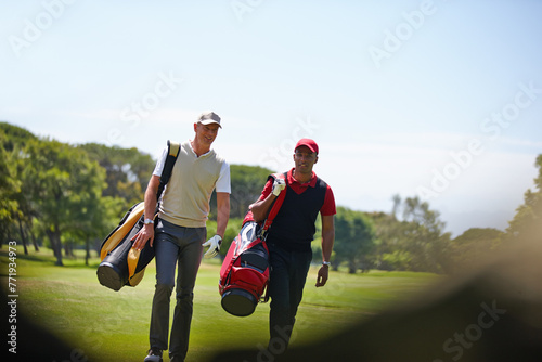 Walking, course and people outdoor for golf, game and training together at club in summer. Golfer, friends and men on grass turf in park with happiness from practice of sport in healthy competition