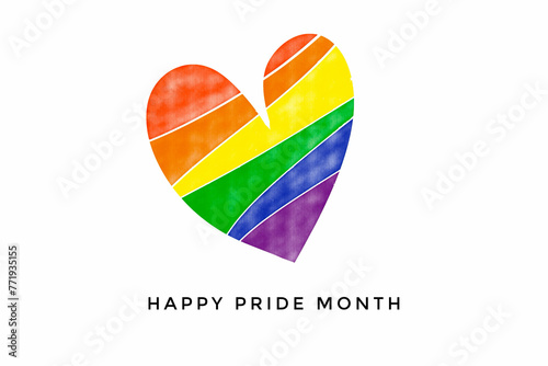 Rainbow hearts drawing on white background with texts ‘Happy Pride Month’, concept for celebrating, supporting and attending the pride month events of LGBTQ+ people around the world.