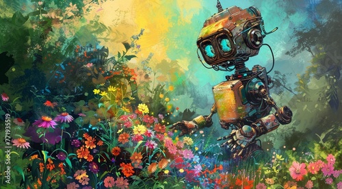 A robot planting flowers in the garden