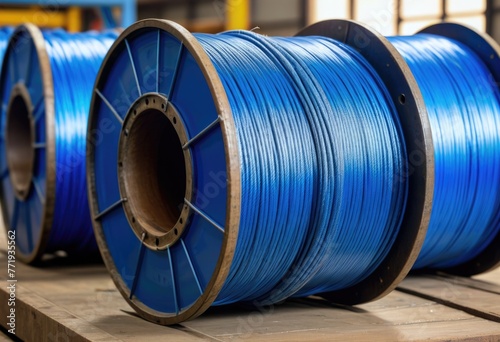Hot steel is processed into clean new steel cables, wires, or ropes, often wound onto drums, retaining heat effects photo