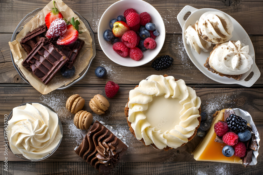 Assortment of Decadent Desserts Displayed on Rustic Wooden Table
