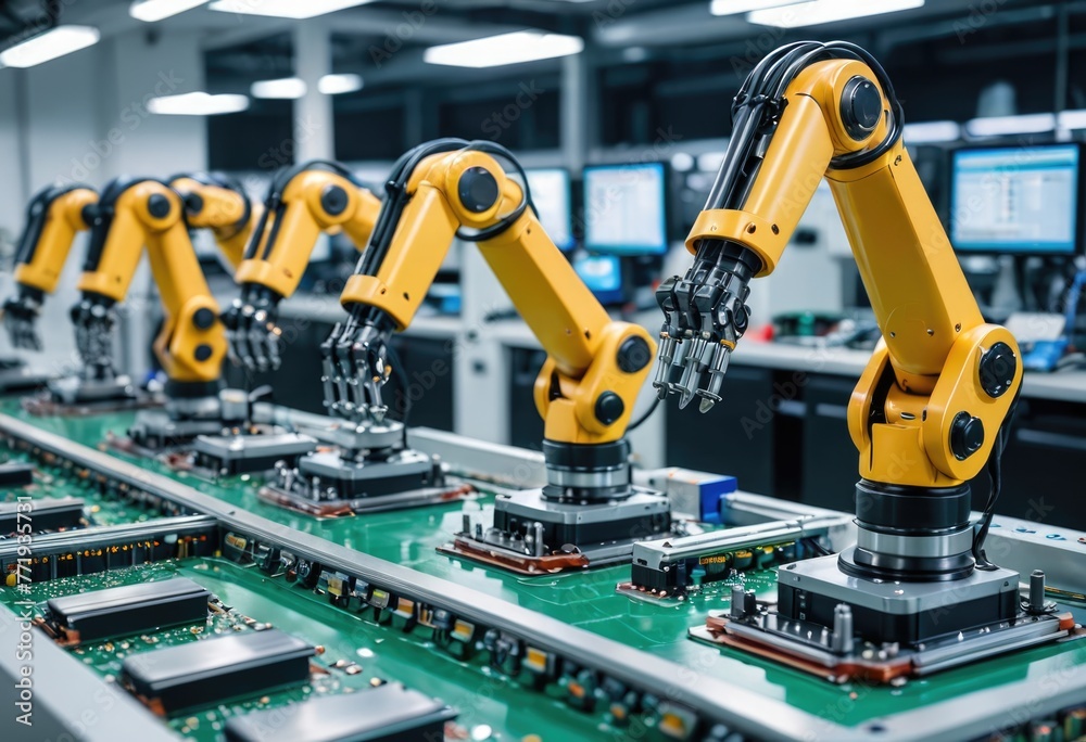 Innovative robot arms ensure precise component installation on PCBs in cutting-edge electronics factories for efficient device production Innovative robot arms ensure precise component installation on PCBs in cutting-edge electronics factories for efficient device production