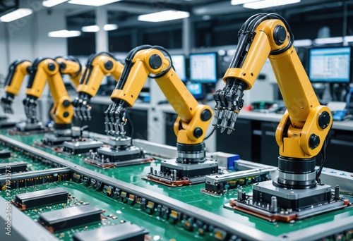 Innovative robot arms ensure precise component installation on PCBs in cutting-edge electronics factories for efficient device production