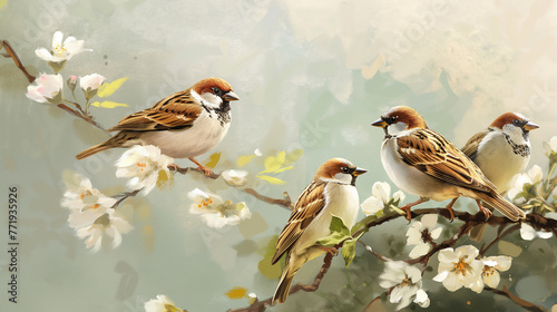 Sparrow birds perched on branch with delicate white flowers. Evokes traditional Chinese painting style. Ideal for spring or summer themes, Generative ai