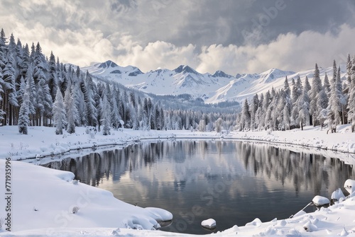 Panoramic view of a beautiful winter landscape with snow-covered trees surrounding a serene lake © SR Creative Idea